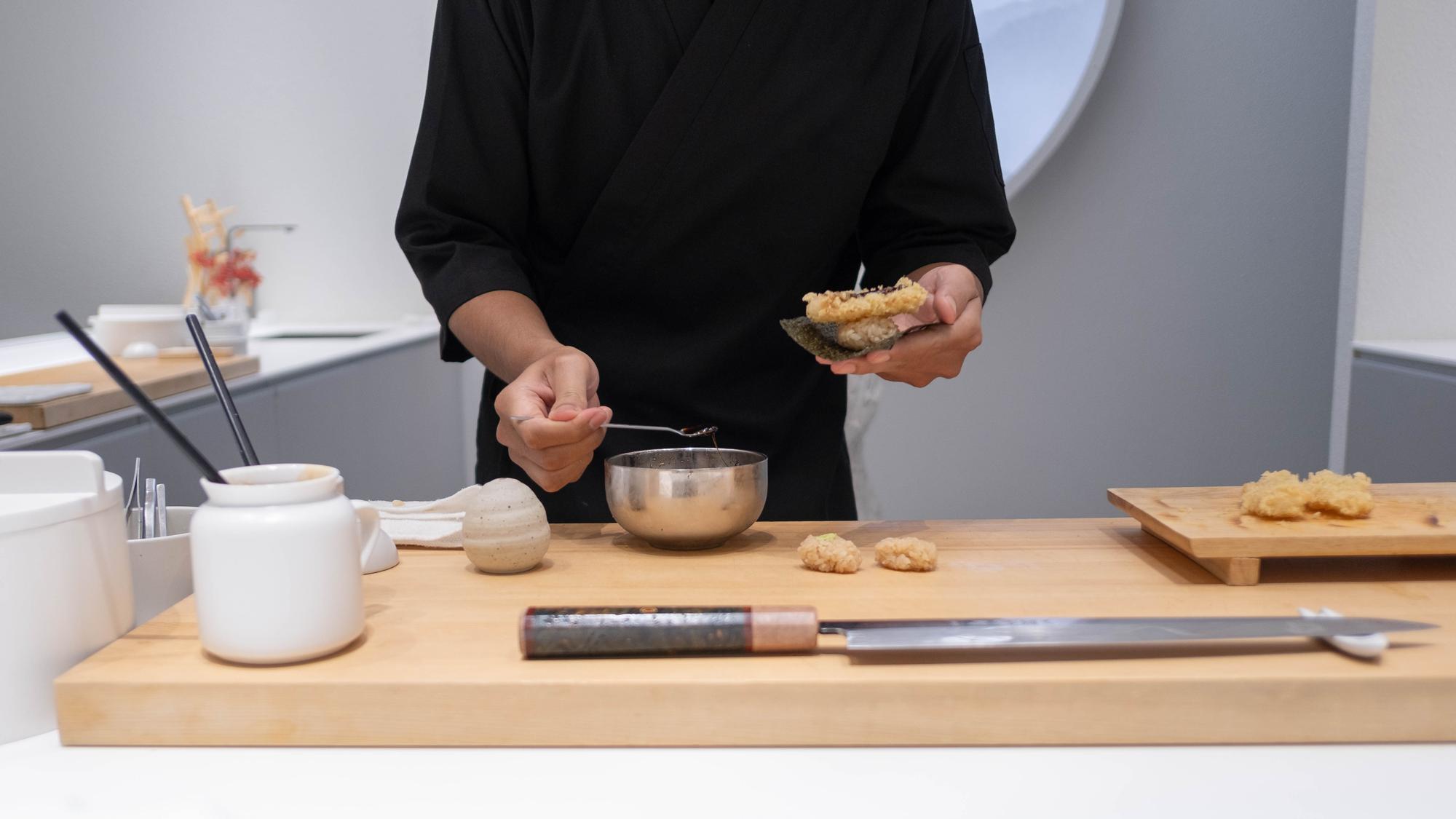 Studio kitchen workspace with tools and plating